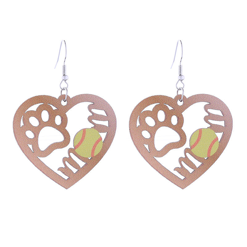 Wholesale Flame Super Rugby Baseball Sports Style Wooden Hollow Earrings