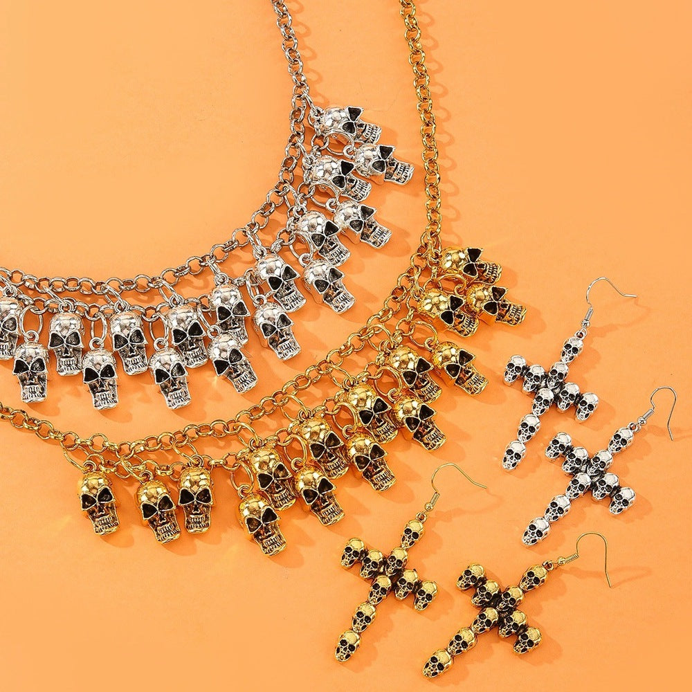 Wholesale Skull Design Vintage Alloy Jewelry Set Earrings and Necklace Fashion Accessory