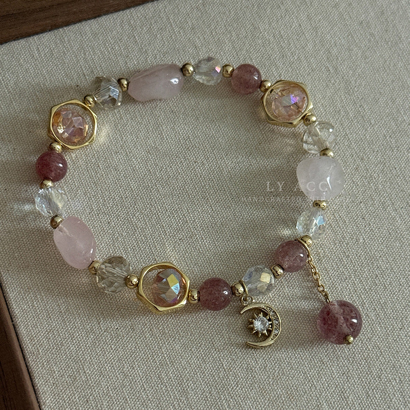 Wholesale Natural Pink Crystal Strawberry Crystal Beaded Bracelet Star Moon Pendant Adjustable Women S Fashion Jewelry