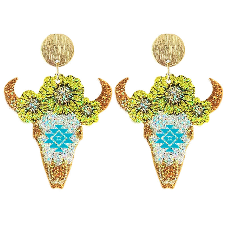 Wholesale 2pairs/pack Western Sparkling Earrings Cowboy Word Sunset Bull Head Boots Earrings