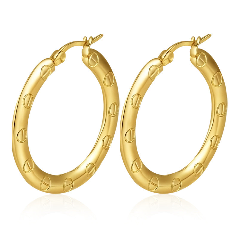 Wholesale Embossed Round Earrings Stainless Steel Gold Plated Everyday Wear Jewelry Accessory