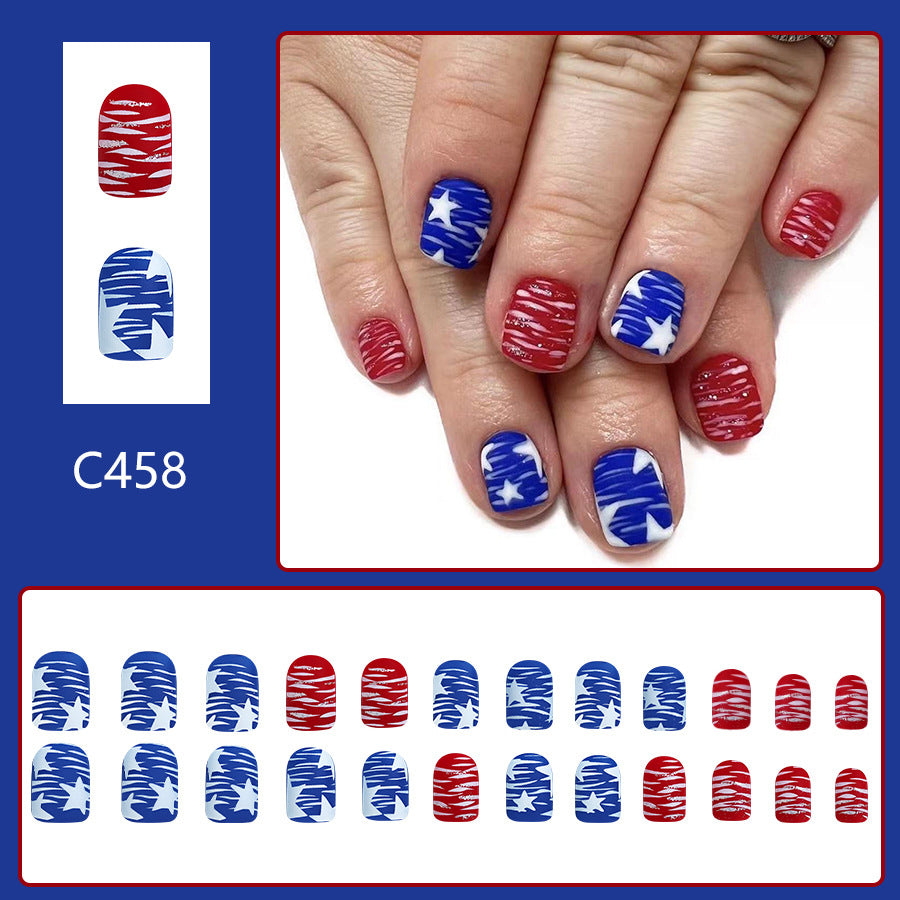 Wholesale 24 Pieces/box American Independence Day Short Striped Five-pointed Star Manicure Press-on Nails Kits Nail Stickers ACC-NS-GuaiXL035