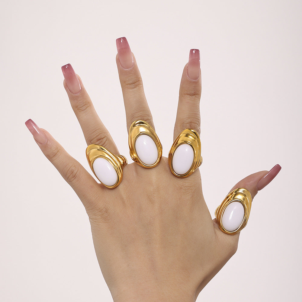 Wholesale Natural Opal Water Ripple Stainless Steel Earrings Ring