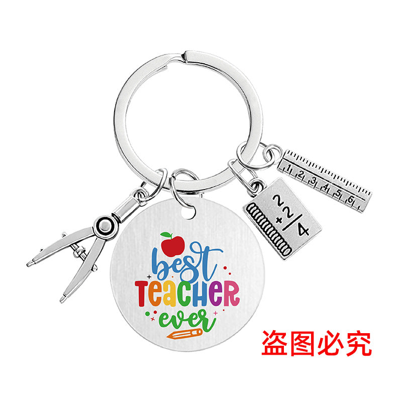 Wholesale Color Printing Gratitude Teacher Compasses Ruler Metal Keychain Holiday Gift Teacher's Day Pom Pom ACC-KC-Ganggu015