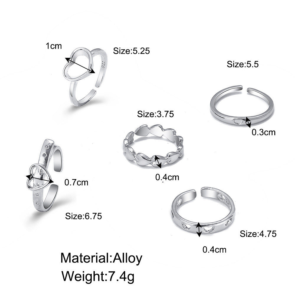 Wholesale Heart-shaped 5-piece openwork ring set