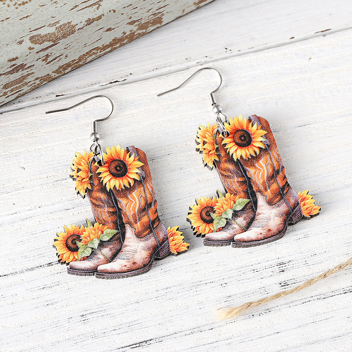 Wholesale  Western  Sunflower Flower Denim Boots Pendant Earrings