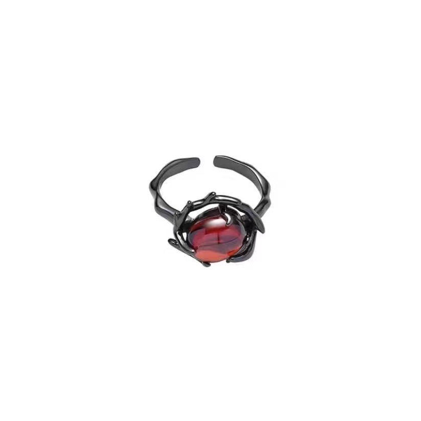 Wholesale Retro Red Geometric Gemstone Design Ring for Men and Women Niche Personality Punk Dark Hollow Texture Metal Ring