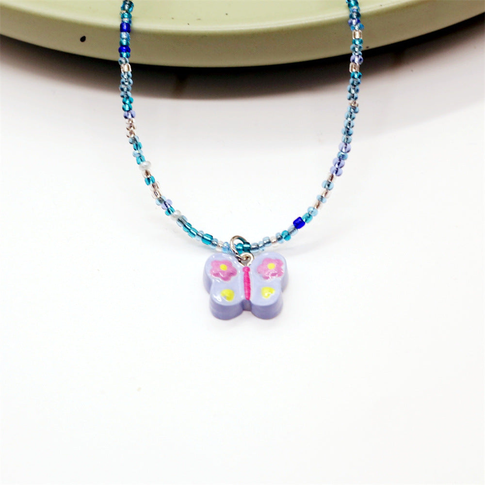 Wholesale Color Beaded Necklace Cartoon Cute Butterfly Love Clavicle Chain