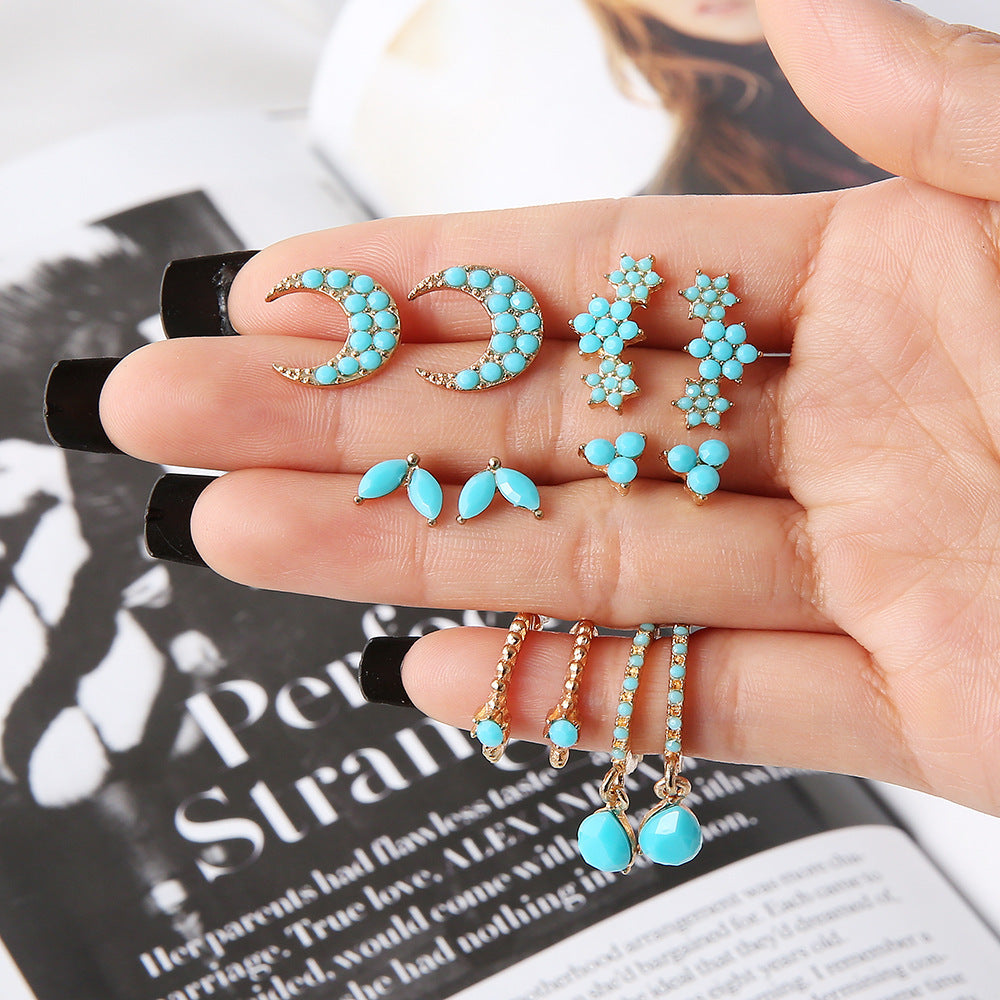 Wholesale  metal turquoise star moon leaf geometric female earrings