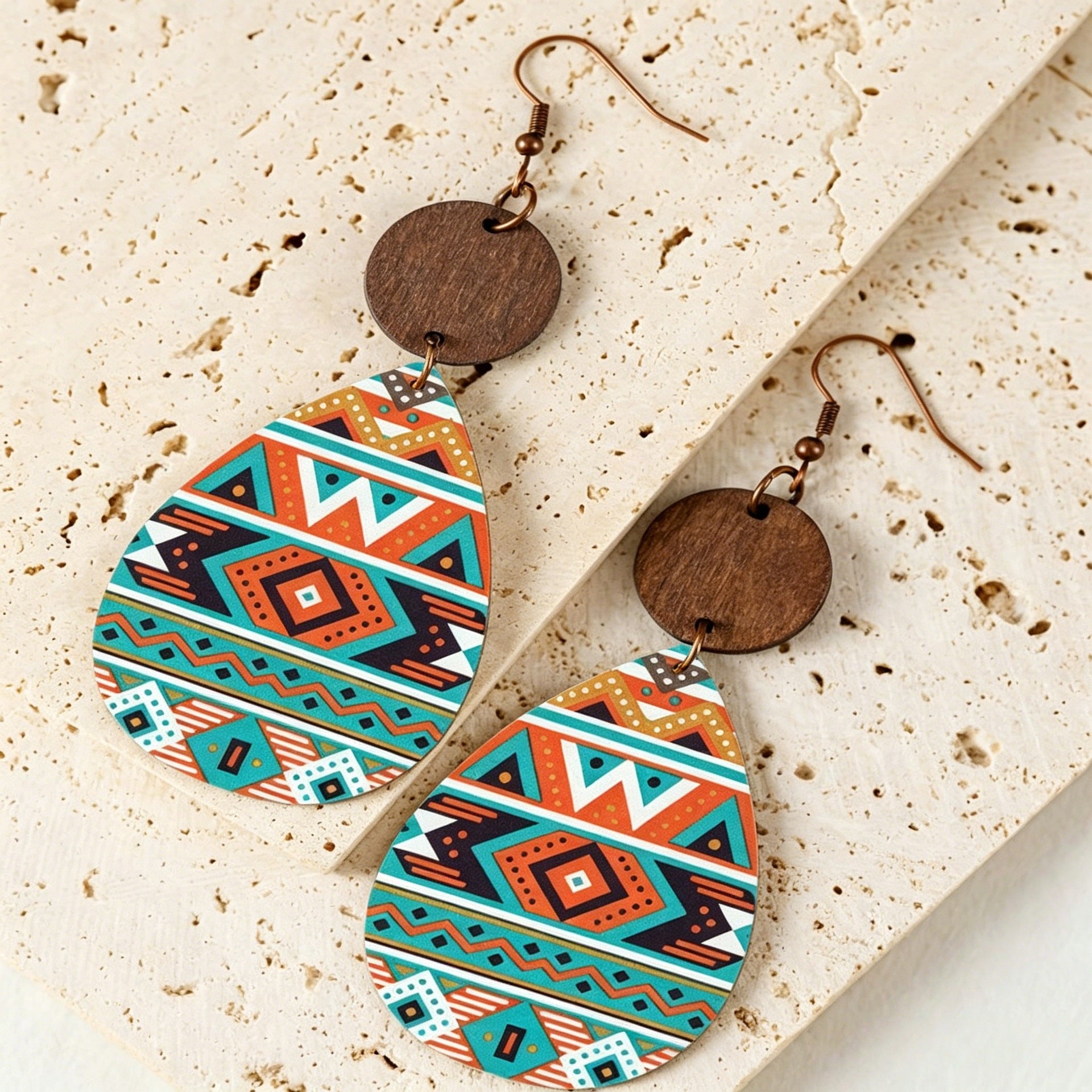 Wholesale Leather Retro Geometric Pattern Wood Chip ing Water Drop Earrings for Party Jewelry Accessory