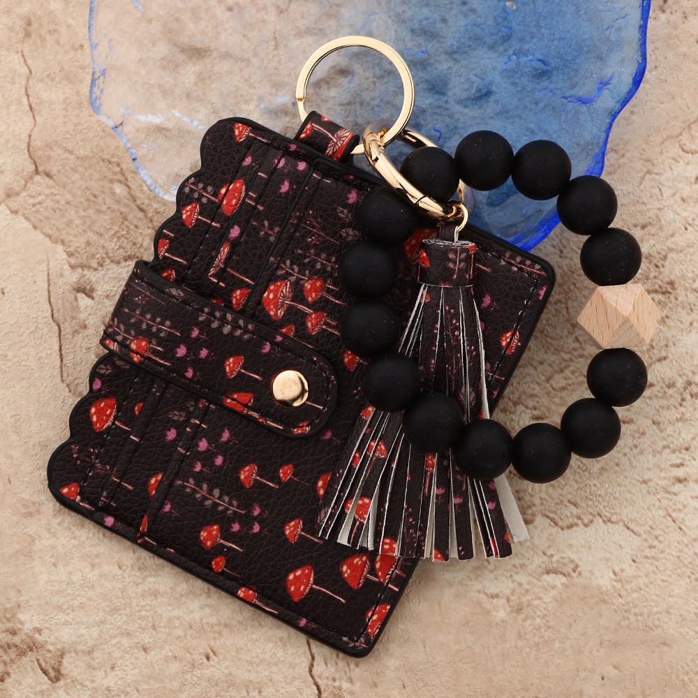 Wholesale  bead  ocean print mushroom leather Wristlet Keychain