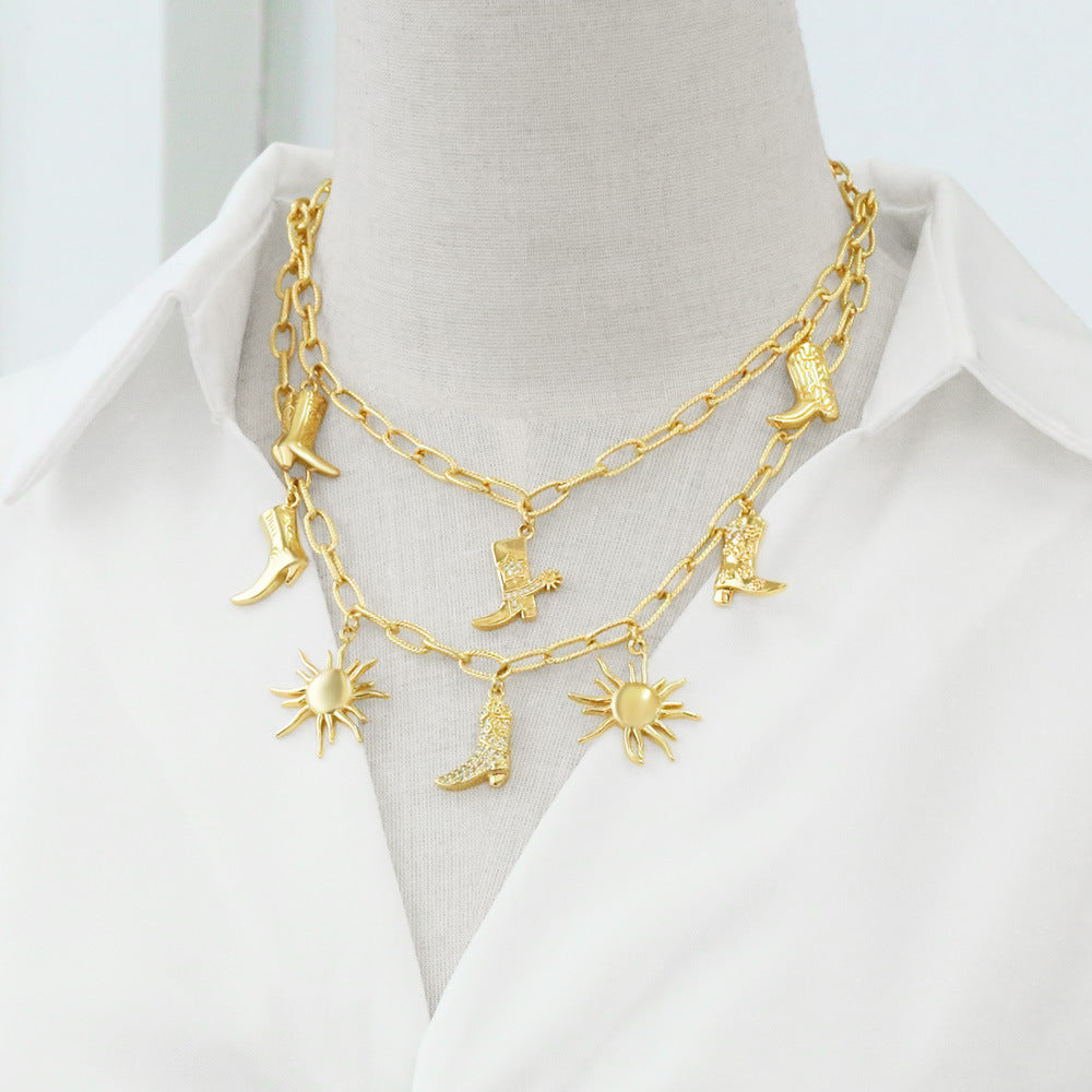 Wholesale Copper-Plated 18K Gold Glossy Sun Pendant Versatile Necklace Bracelet