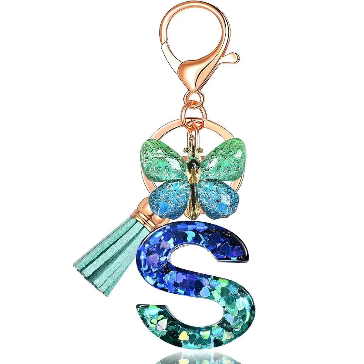 Wholesale Resin Alphabet Keychain With Butterfly Tassel Blue Gradient Vacation Style Fashion Accessory For Bags And Keys