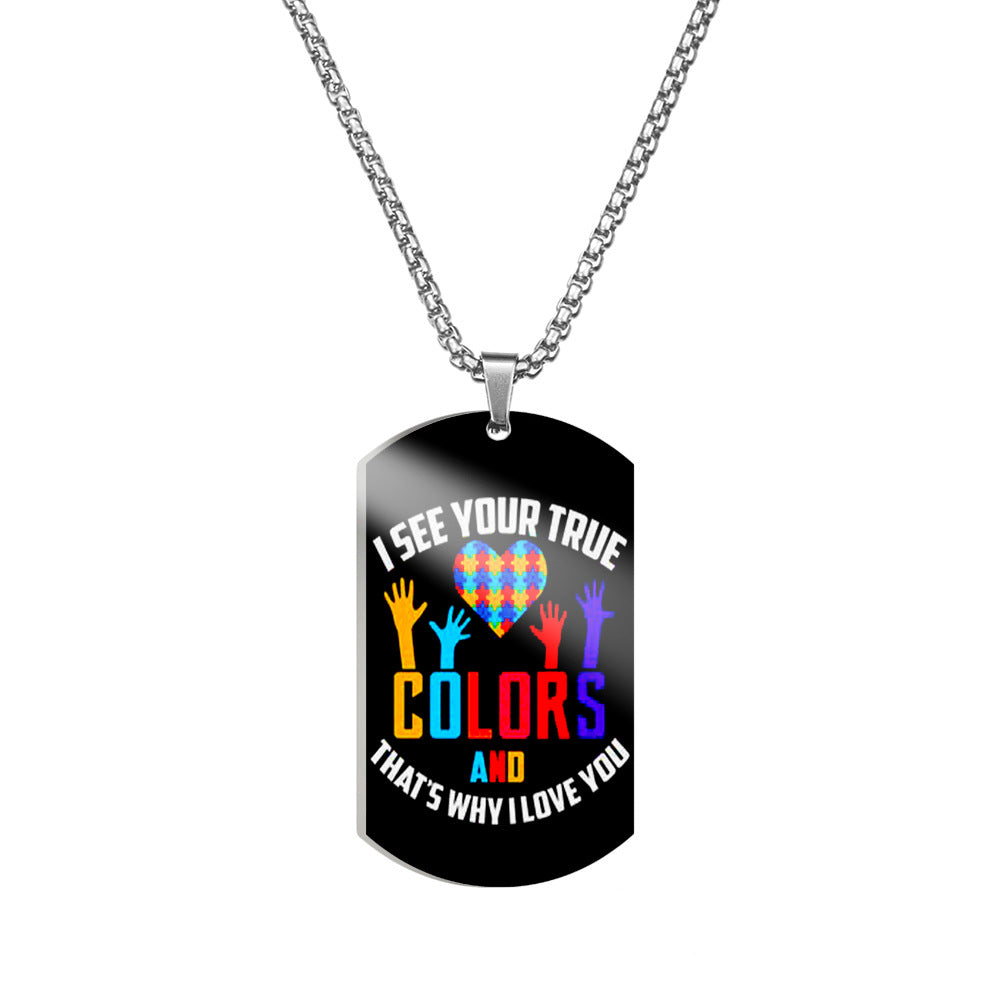 Wholesale Autism Puzzle Color Printed Pendant Stainless Steel Necklace ACC-NE-HuanYu001