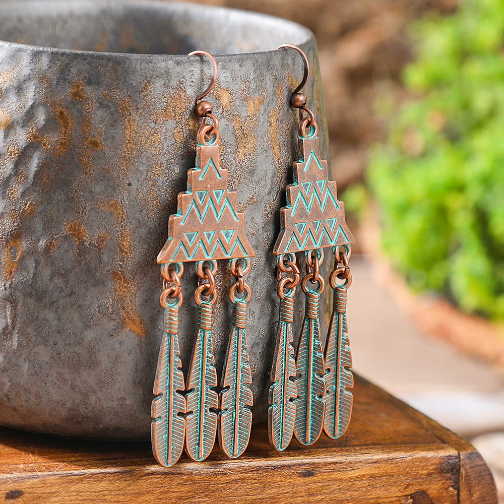Wholesale Retro Ethnic Earrings Set Alloy Geometric Turquoise Tassel Trendy Party Accessory Gift