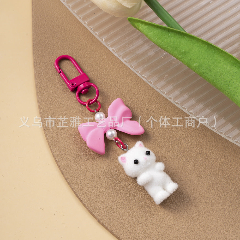 Wholesale Resin Flocking Cute Bow Three-dimensional Cat Keychain