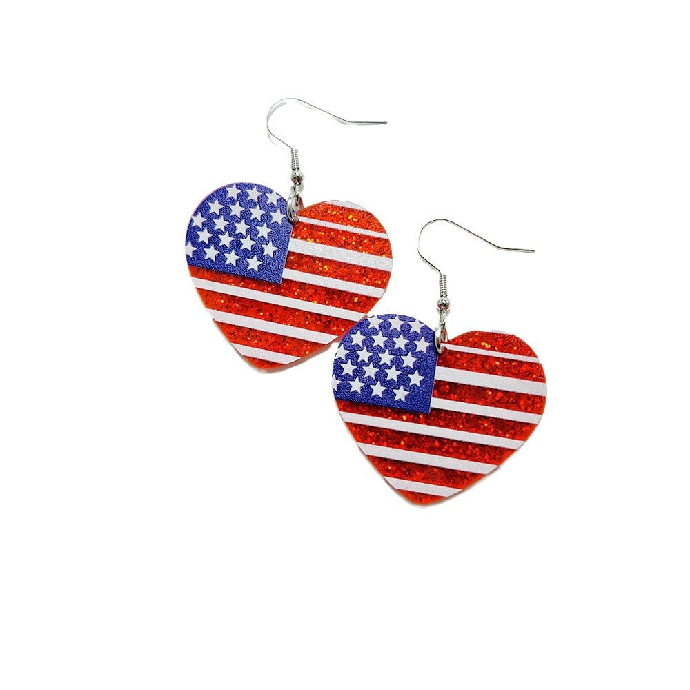 Wholesale Leather American Independence Day Earrings Red White and Blue Flag Color Love Heart Star Sun Flower Earrings ACC-ES-Qiyu001