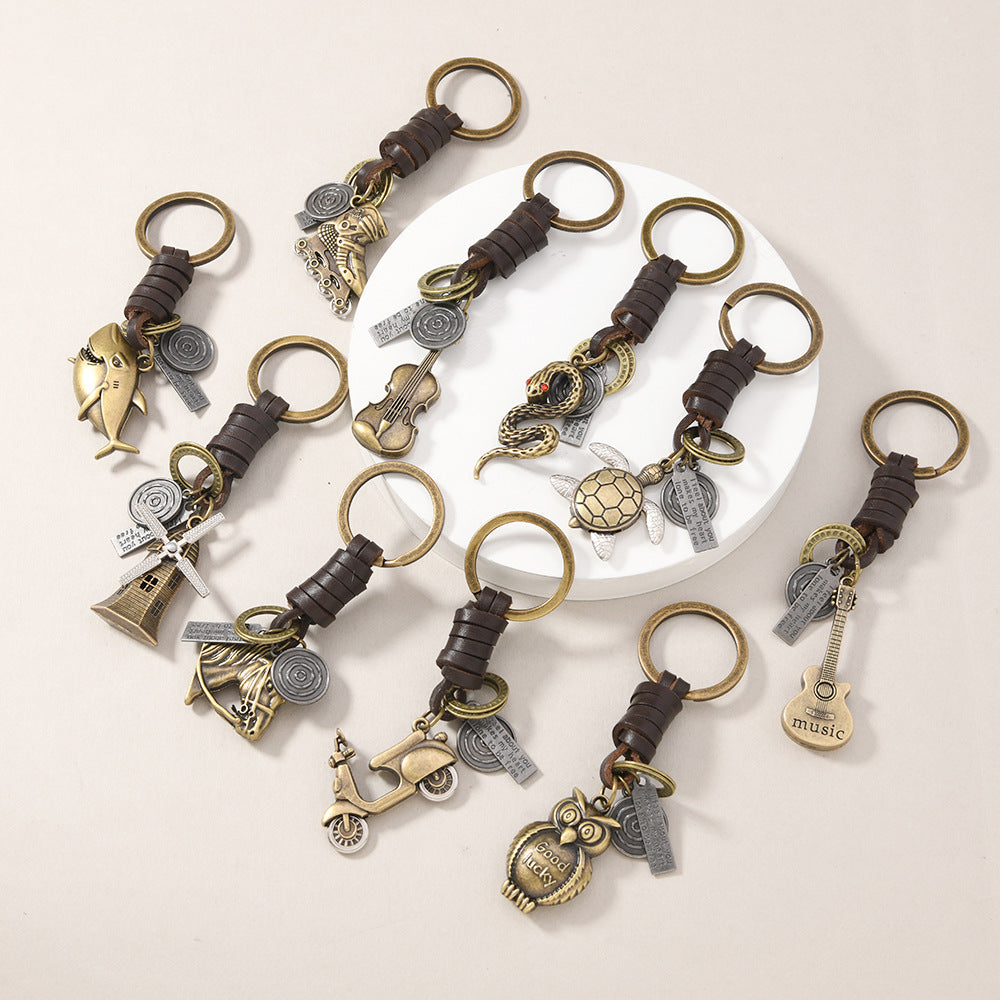Wholesale Alloy Bronze Ship Anchor Vintage Woven Cowhide Pendant Keychains