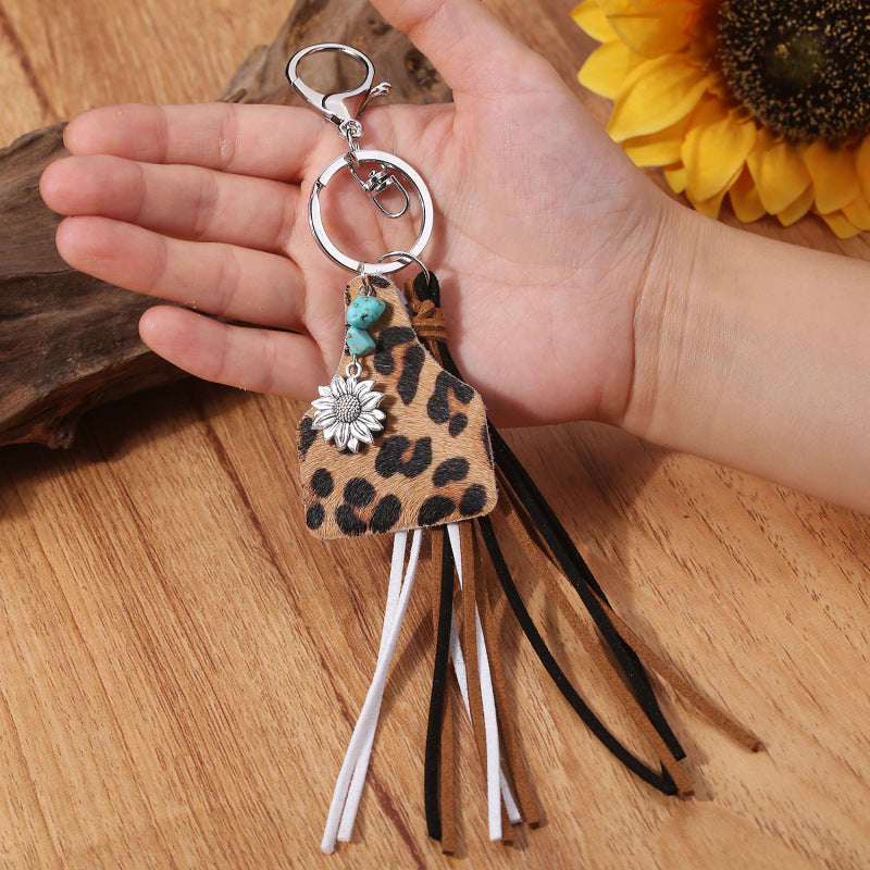Wholesale Western Style Leopard Fringe Pinestone Sunflower Keychain ACC-KC-HY011