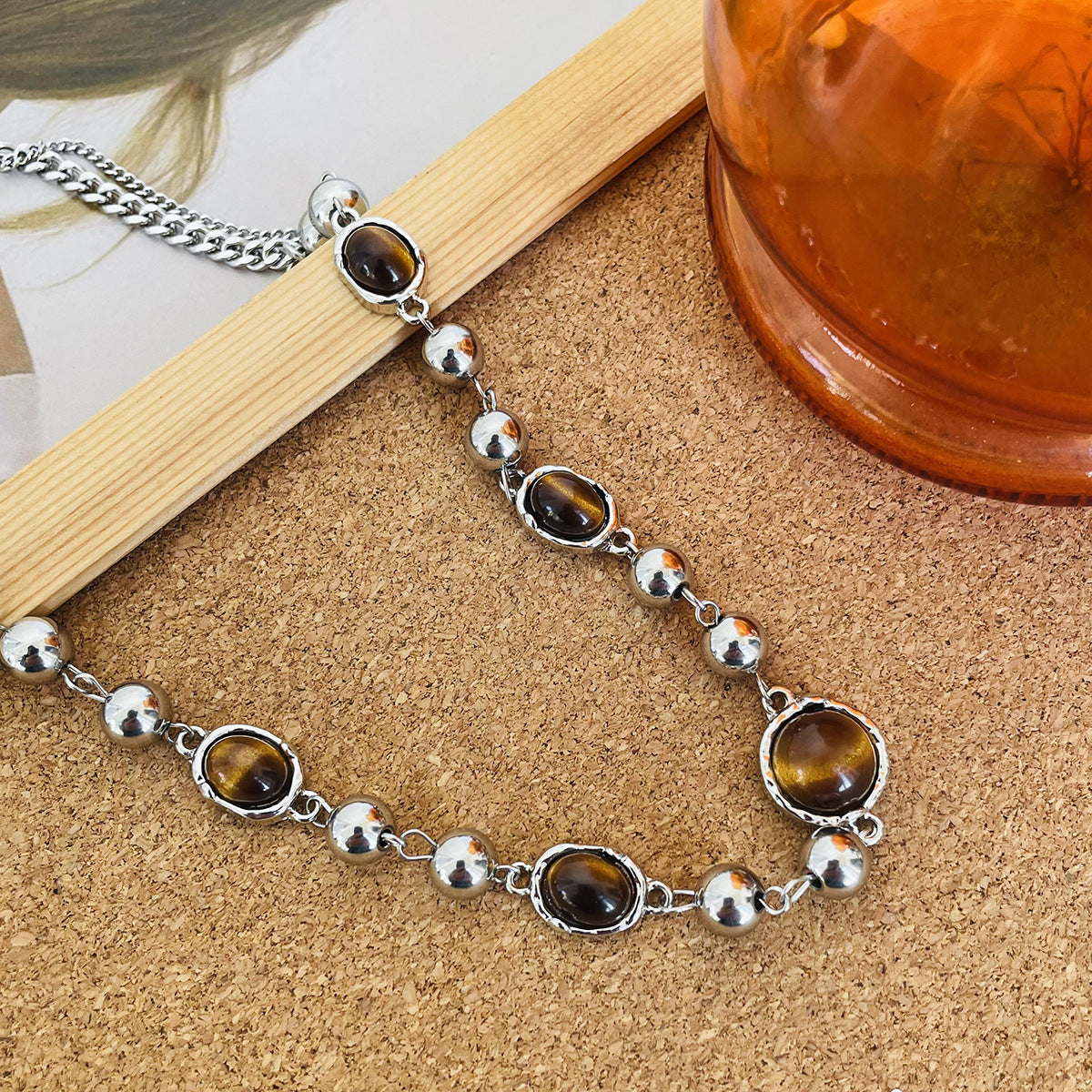 Wholesale Tiger Eye Stone Beaded Necklace Collarbone Sweater Chain Choker Necklace Titanium Steel ACC-NE-NS004