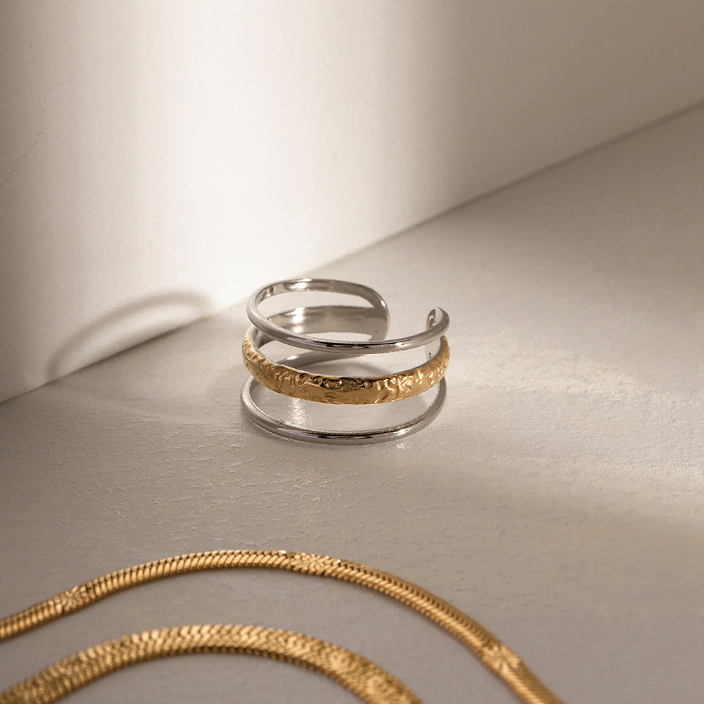 Wholesale 18K gold stainless steel color matching three-layer line opening ring