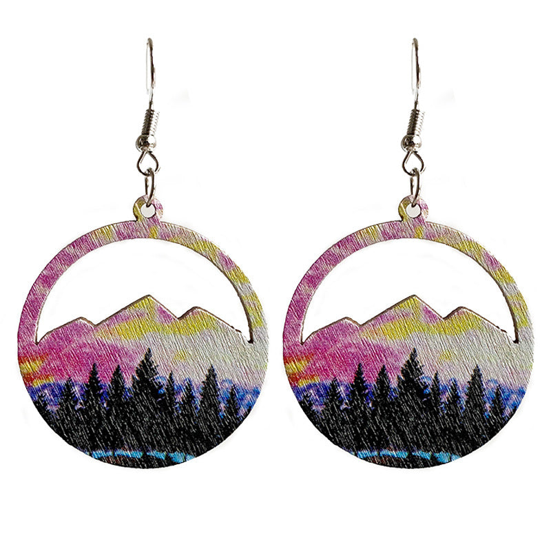 Wholesale Chic Geometric Wooden Earrings With Western Cactus Print Boutique Resale Jewelry Accessory