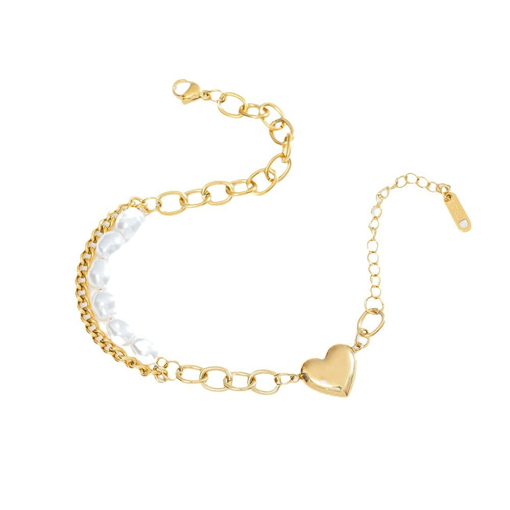 Wholesale Stylish Titanium Steel Pearl Heart Bracelet Electroplated Finish Boutique Resale Jewelry