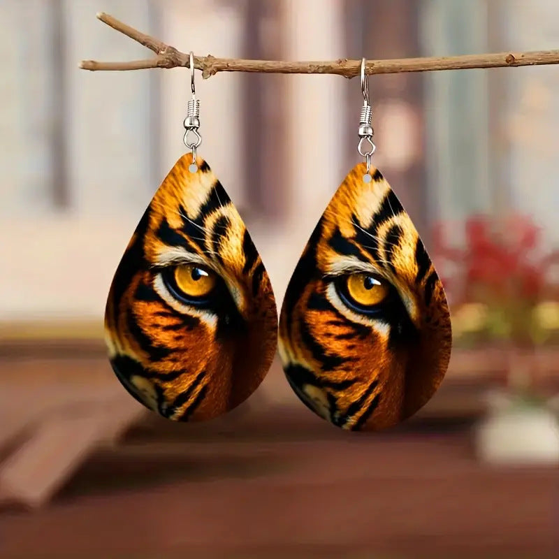 Wholesale  Fierce Tiger Double Sided Pattern Wooden Earrings