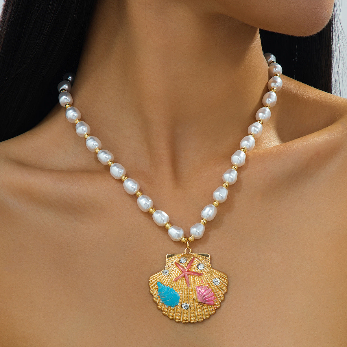 Wholesale Ocean Beach Style Imitation Pearl Necklace Colorful Starfish Scallop Pendant Fashion Jewelry Accessory For Resale