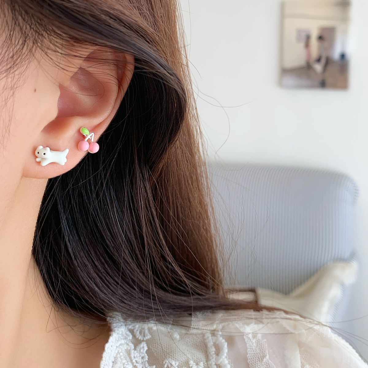 Wholesale Love Cherry Cat Earrings Three-Piece Set Silver Needle Cute Versatile Earrings