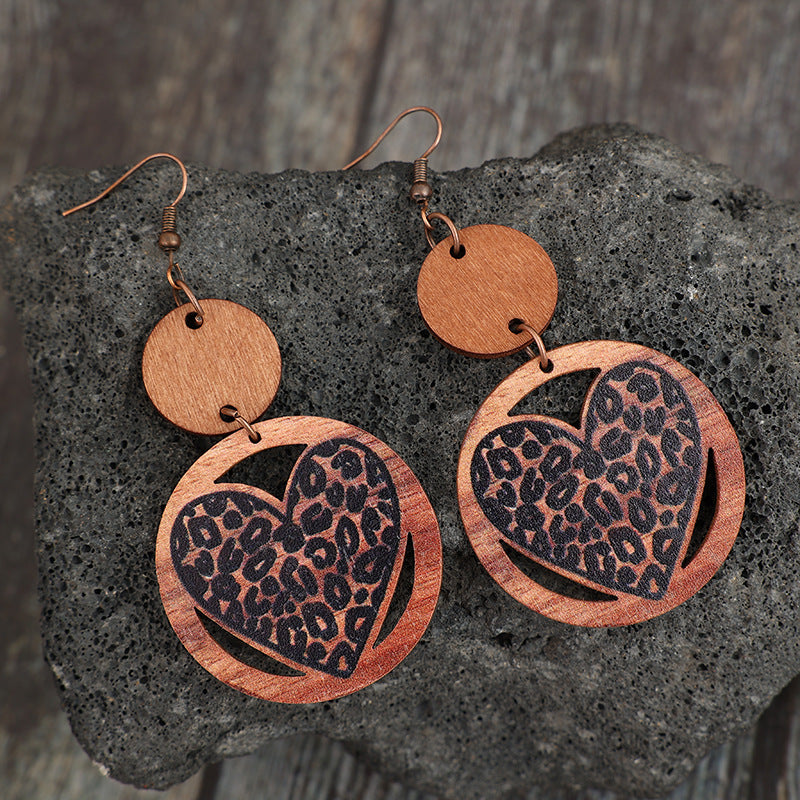 Wholesale Wood Women' s Earrings Leopard Print Hollow Love Design Boutique Resale