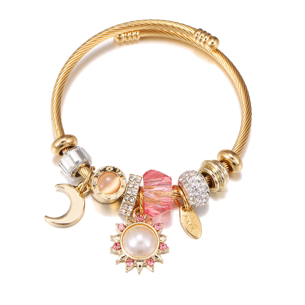 Wholesale Stainless Steel Bracelet Series Star Mosaic Sun Flower Pendant Gold Open Bracelet ACC-BT-Weiy017