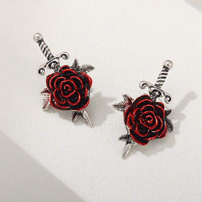 Wholesale Gothic Red Rose Ear Stud  Retro Cross Creative Earrings