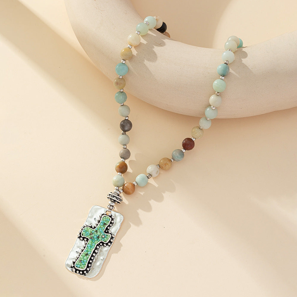 Wholesale Natural Stone Handmade Beaded Knotted Cross Necklace ACC-NE-QingHe002