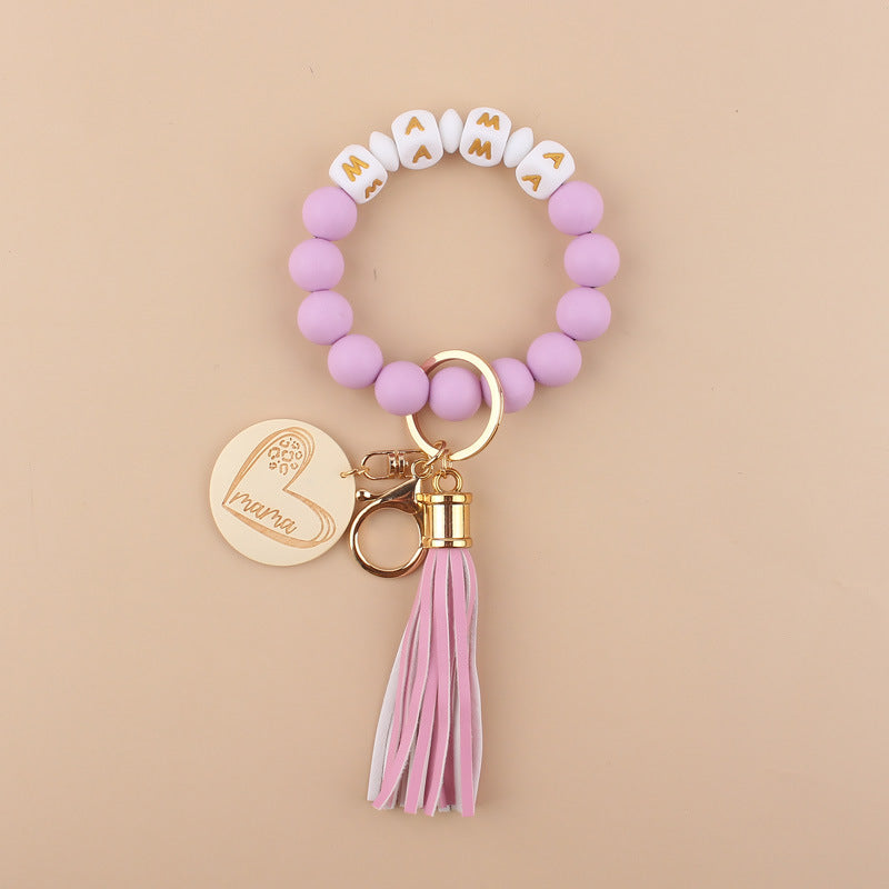 Wholesale Cartoon Love Wooden Brand MAMA Silicone Beaded Wrist Keychain ACC-KC-GuangTian026