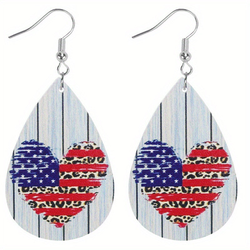 Wholesale Double-sided printing American Independence Day water drop leather earrings