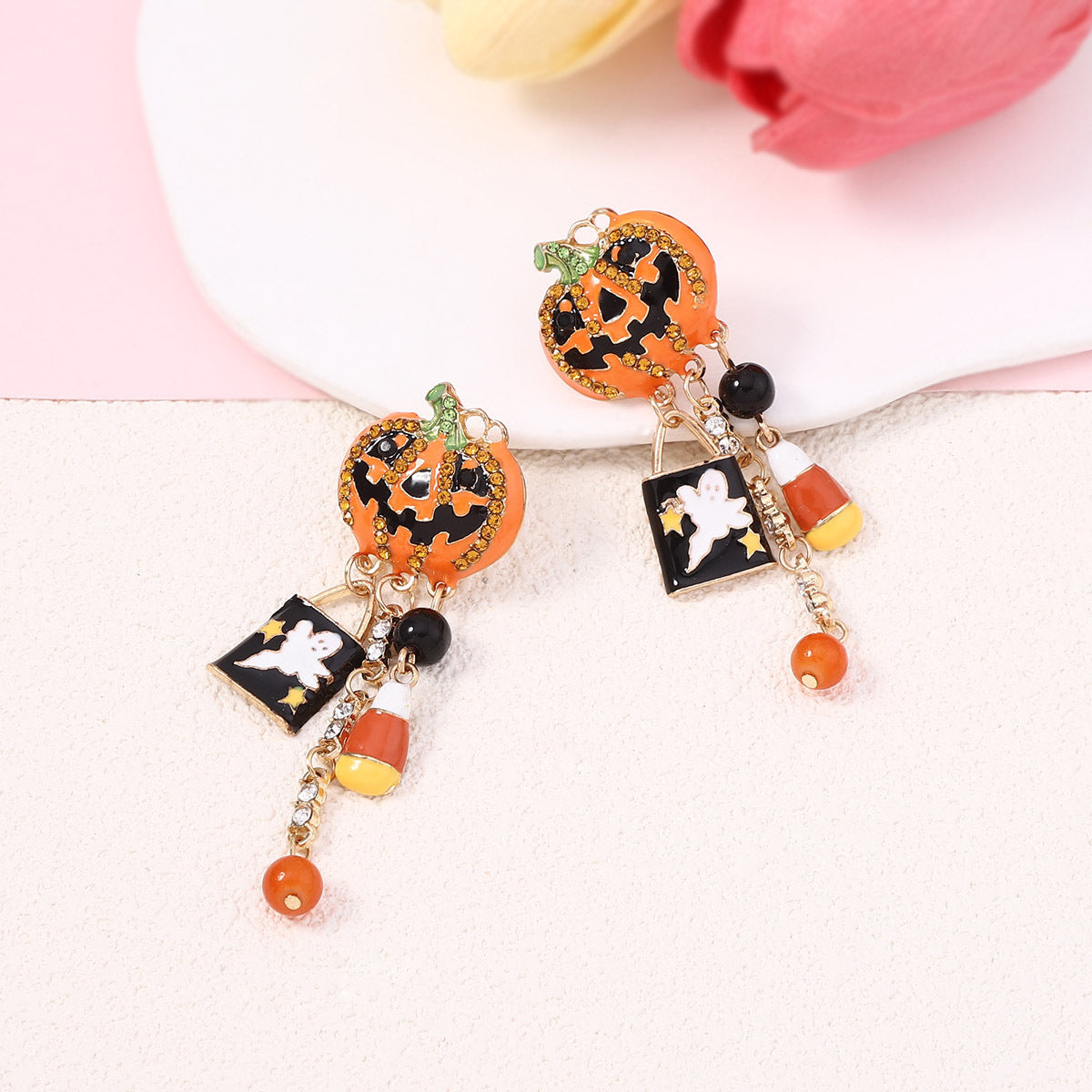 Wholesale  Drop Oil Funny Zircon Pumpkin Skull Tassel  Earrings