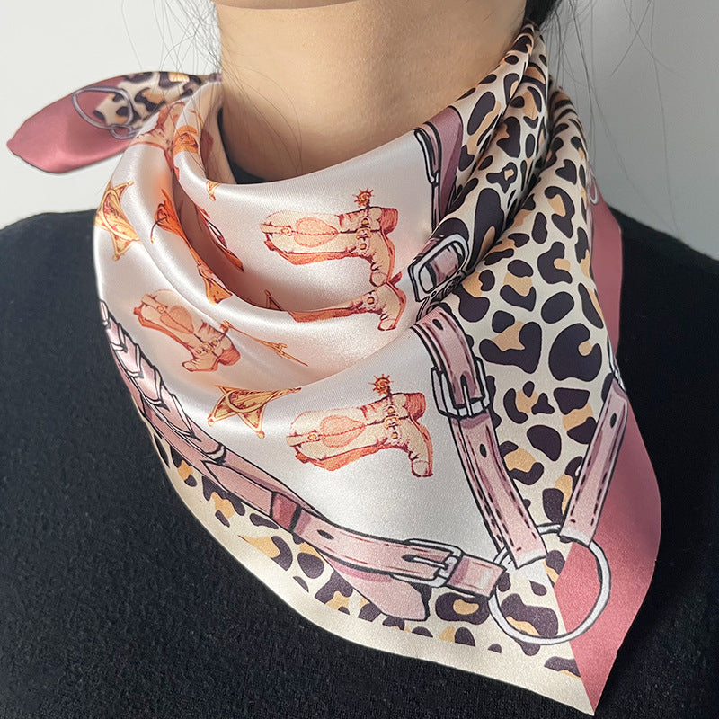 Wholesale Western Style Leopard Print Denim Satin 52cm Silk Scarf ACC-SS-HY009