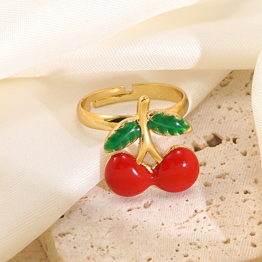 Wholesale cherry oil drop ring  fruit series stainless steel ring