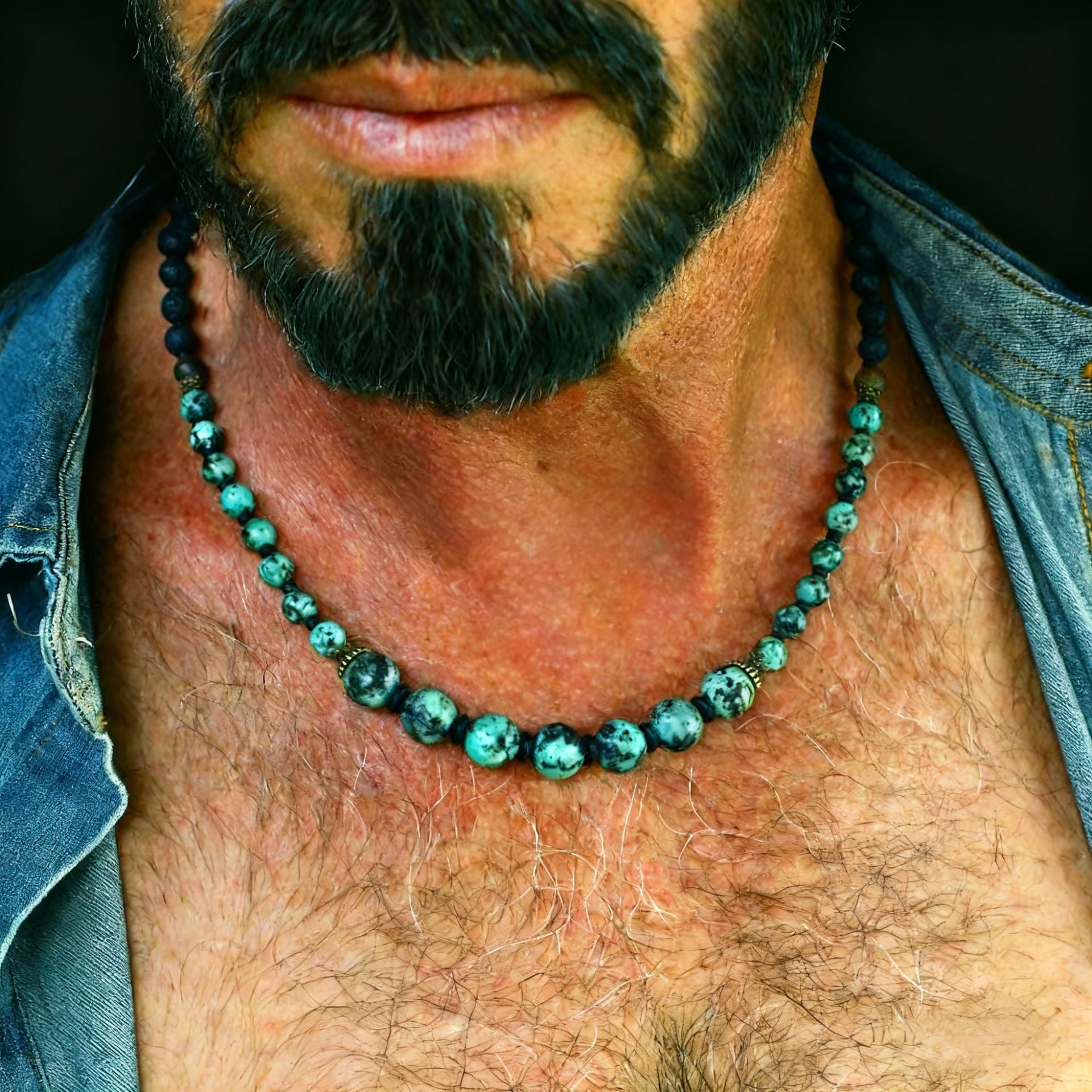 Wholesale Turquoise Volcanic Stone Necklace Ethnic Bohemian Style Men' s Fashion Accessory Gift