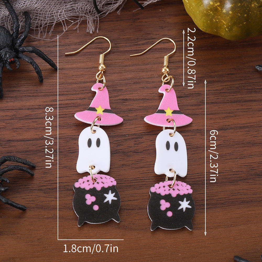 Wholesale  Witch Hat Ghost Magic Medicine Water Tank Triple Pendant Acrylic Halloween Earrings