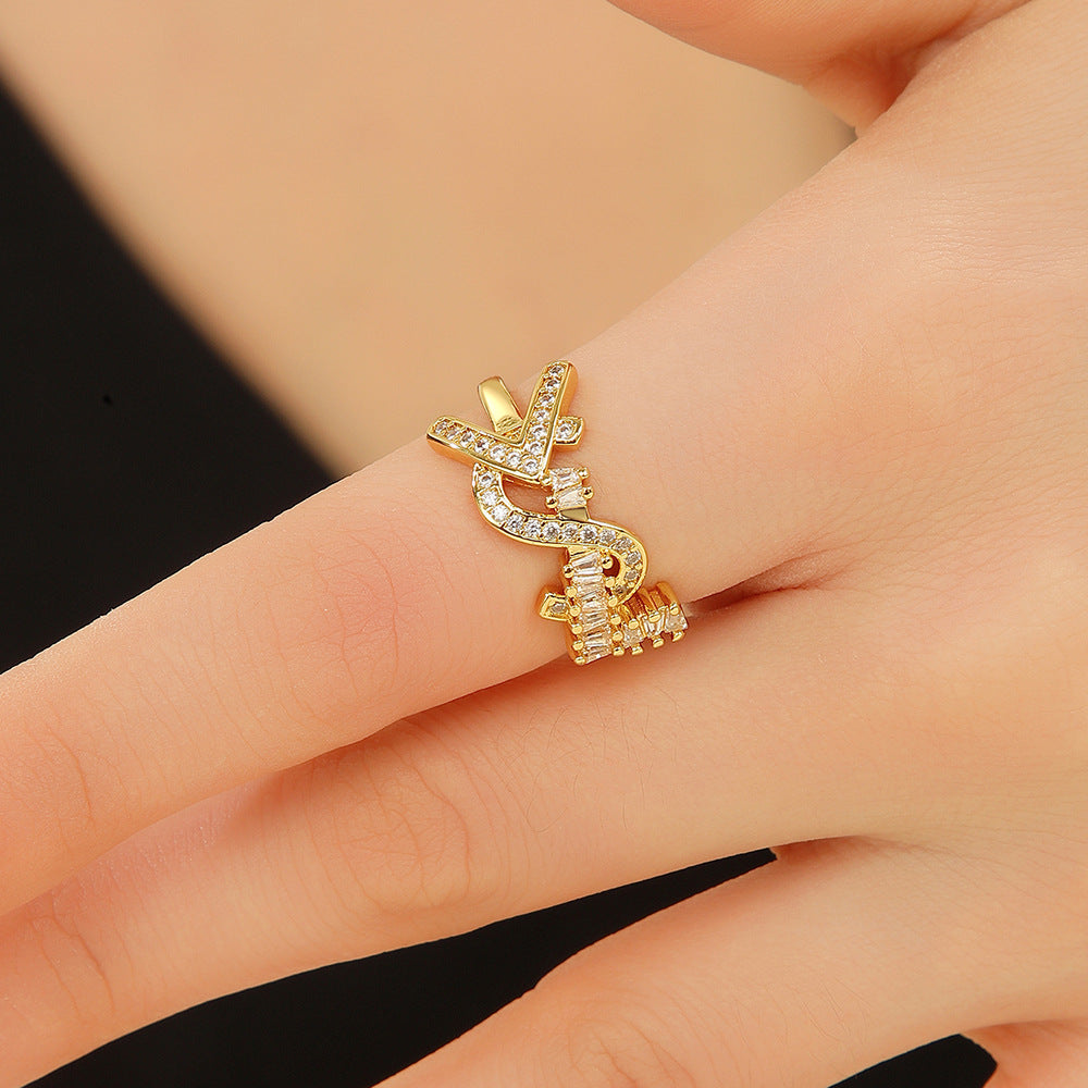 Wholesale Chic Women S Letter Open Ring Gold Tone Zircon Fashion Jewelry Accessory