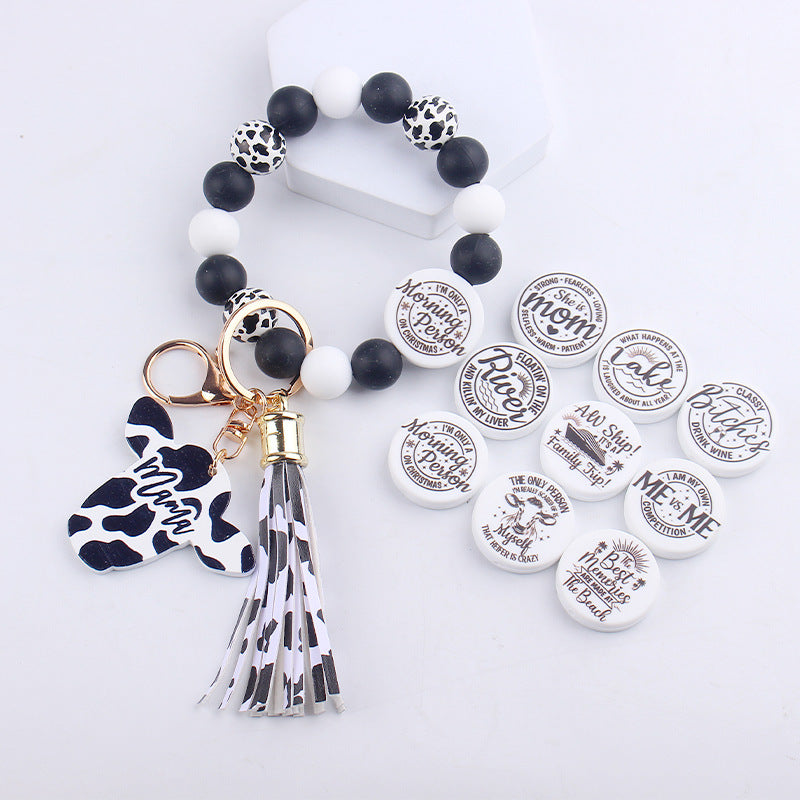 Wholesale Western Style Cow Pattern MOM Tassel Wrist Keychain Mother's Day ACC-KC-GuangTian054