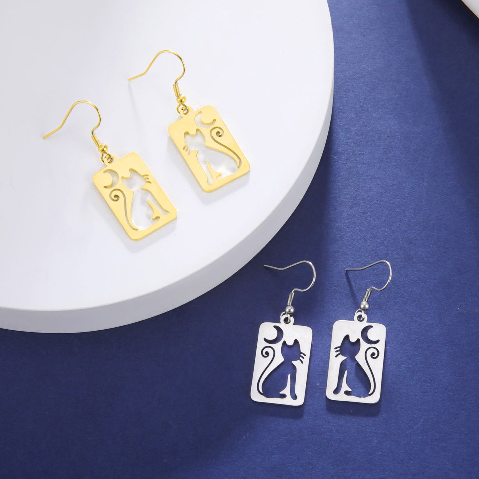 Wholesale Cat Crescent Hollow Pendant Stainless Steel Earrings Fashion Accessory