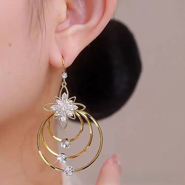 Wholesale Five Petal Flower Tassel Zirconia Earrings