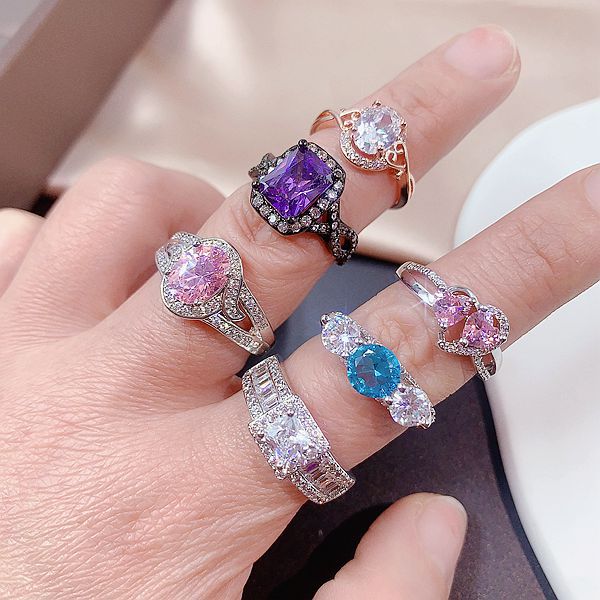 Wholesale Random Color 10pcs Zircon Micro Inlay Ring Gemstone Ring ACC-RS-Pabo006