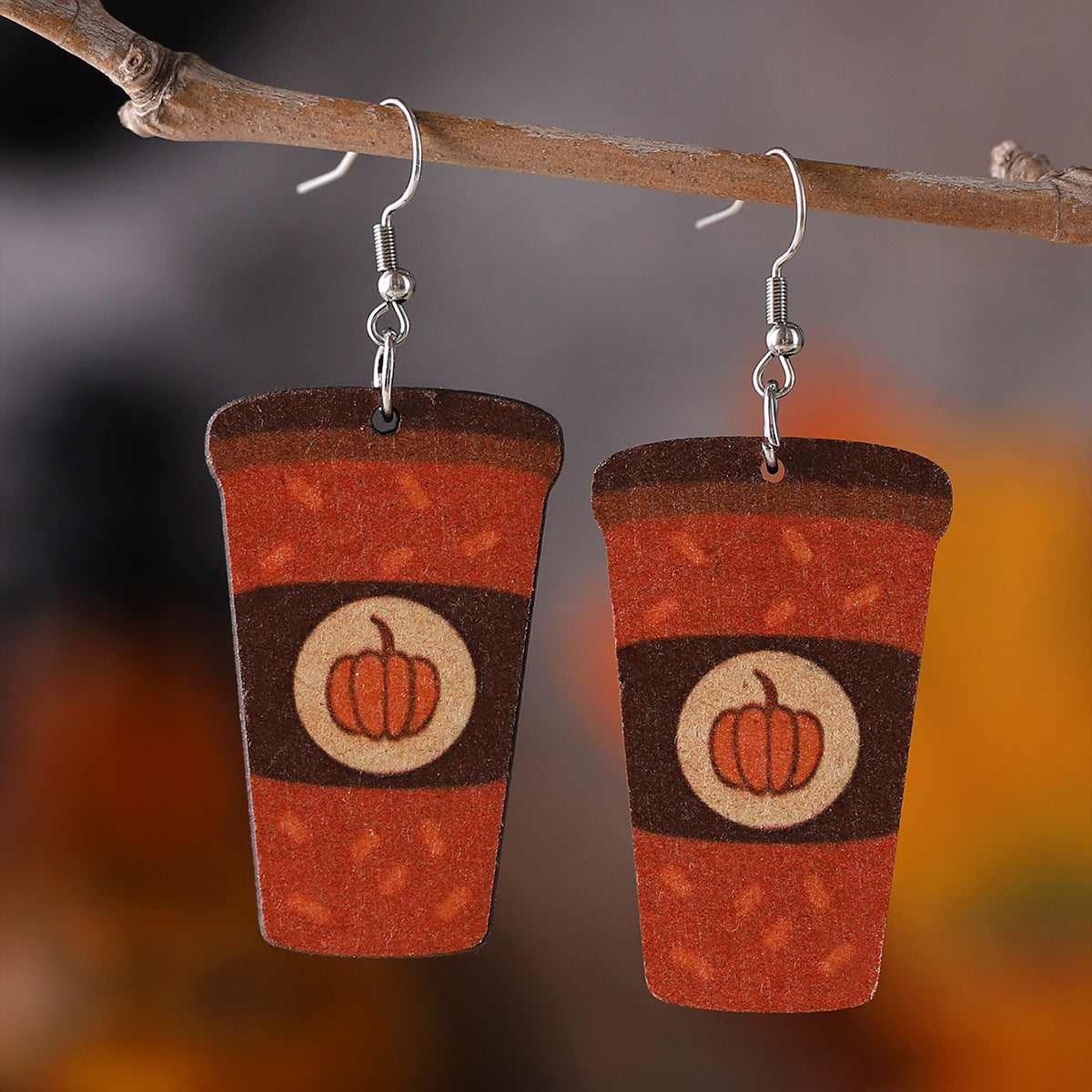 Wholesale Thanksgiving Pumpkin Cream Latte Coffee Cup Wood Earrings ACC-ES-ChuLian057