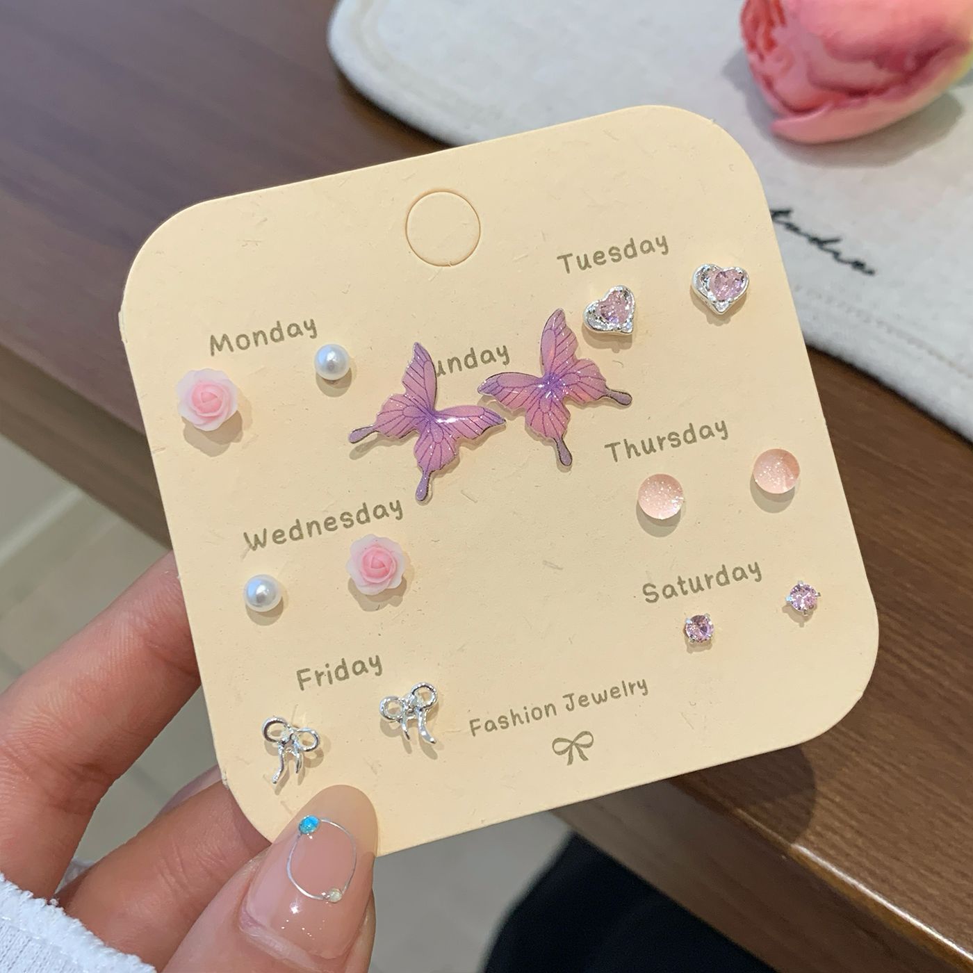 Wholesale Autumn Colorful Butterfly Flower Pearl Earring Set Silver Needle Small Sweet Earrings