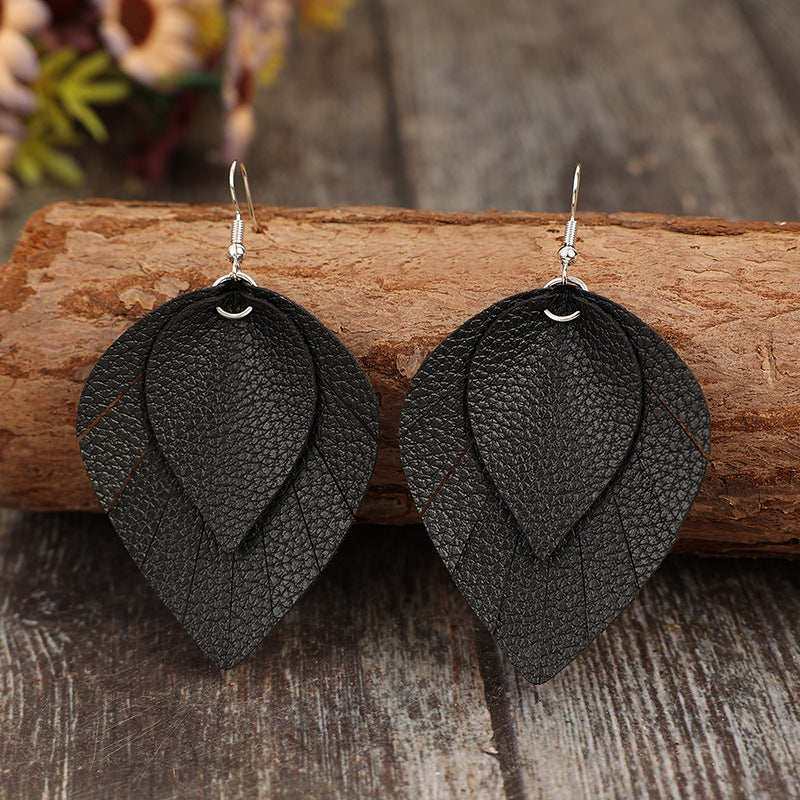 Wholesale Retro style leaf tassel shaped PU leather earrings