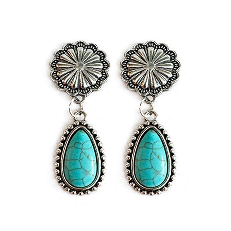 Wholesale Western metal earrings cow's head sunflower inlaid turquoise stitching denim earrings